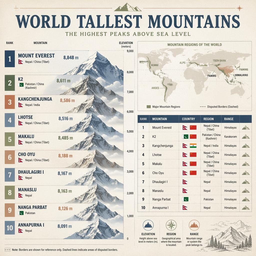Atlas-style infographic ranking the world's tallest mountains with scaled peaks, locator map, elevations, ranks, and flag markers.