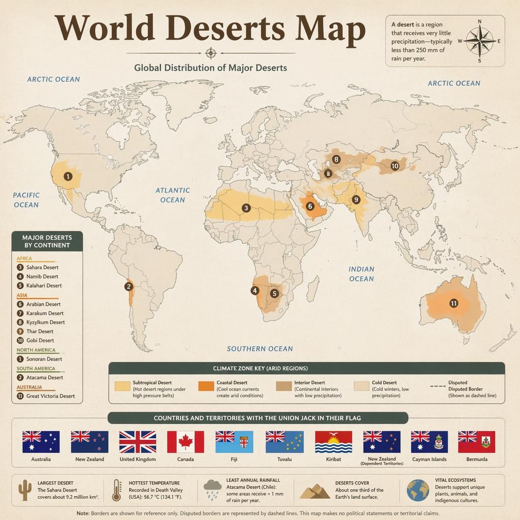 Atlas-style world deserts map infographic with muted earth tones, legend panels, and a strip of countries flags with union jack on them.