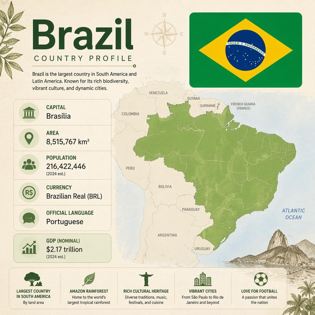 Brazil country profile infographic with flag, map silhouette, and English stats for capital, area, population, currency.