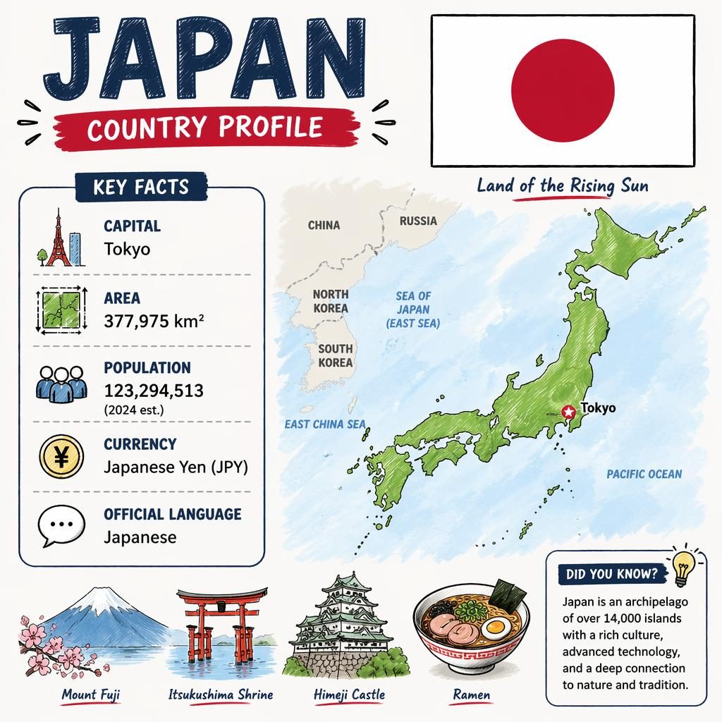 Atlasová infografika Japonska s vlajkou, siluetou mapy, panelem statistik a sketchnote ikonami v moderním kontrastu.