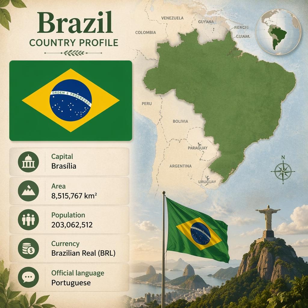 Atlas-style Brazil country profile card with Brazil flag, map silhouette, fact panels, icons, and cozy muted editorial design
