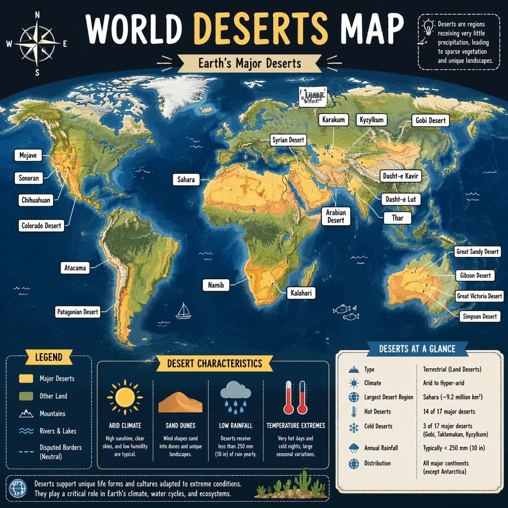 Atlas-style world map infographic shading and labeling major deserts with legend, arrows, icons, and a neutral stats panel.