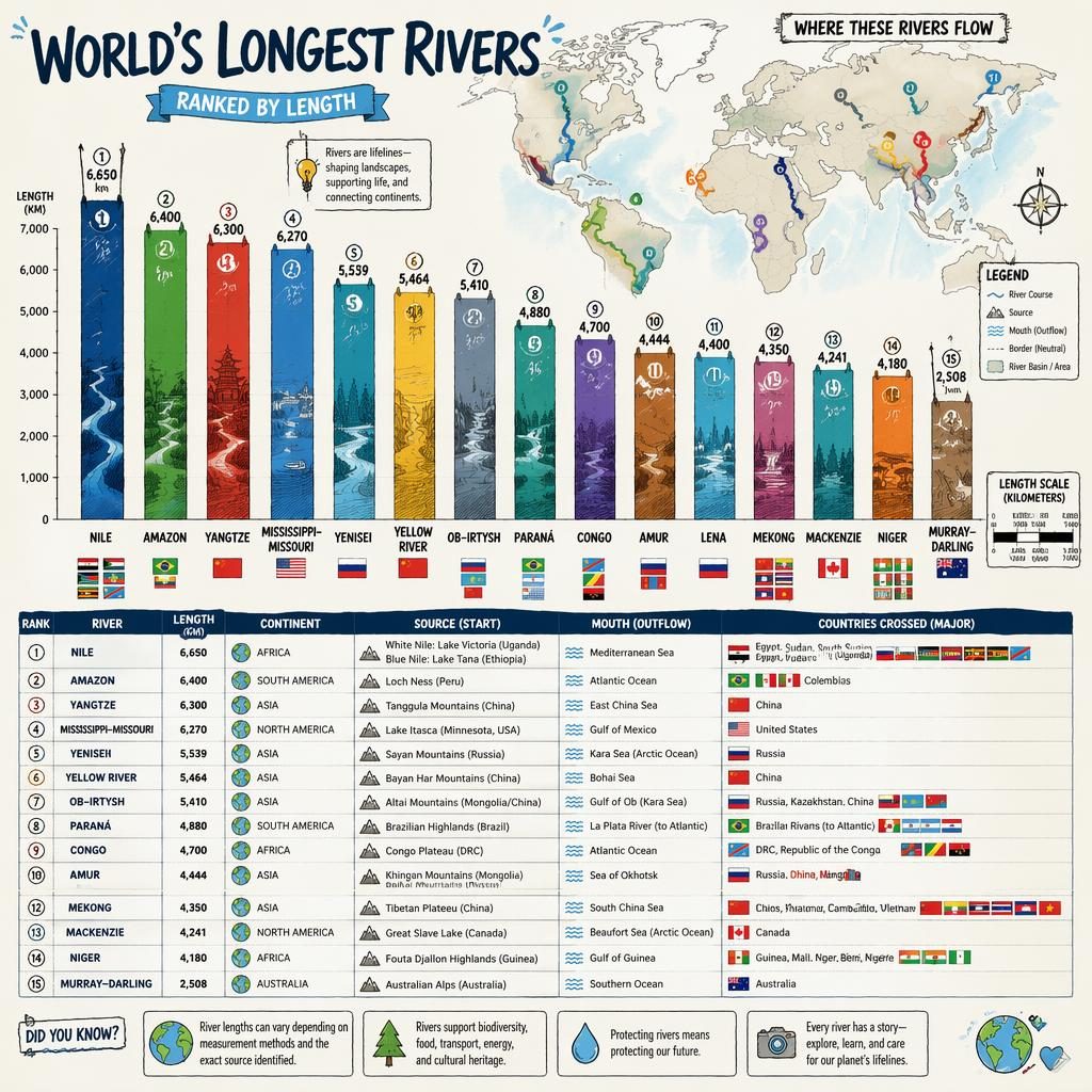 Atlas-style infographic of the world's longest rivers with bar chart, world map routes, labels, legend, and national flag icons.