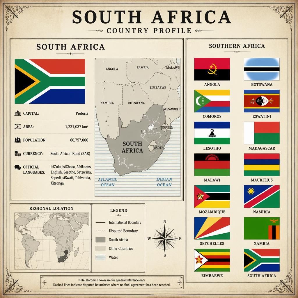 Vintage atlas-style South Africa country profile infographic with central map, national flag, regional flags grid, and English labels.