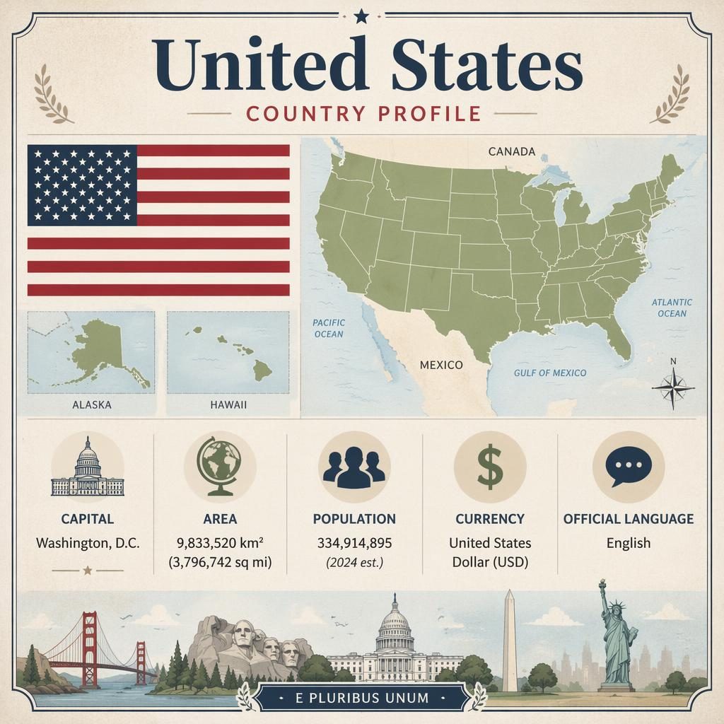 Atlas-style United States country profile infographic with USA flag, US map silhouette, and labeled data panels.