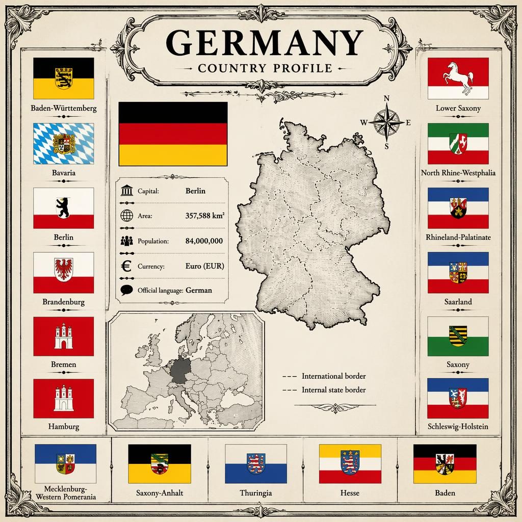 Vintage atlas-style Germany country profile infographic with map, Germany flag, state flags grid, and Europe locator map.