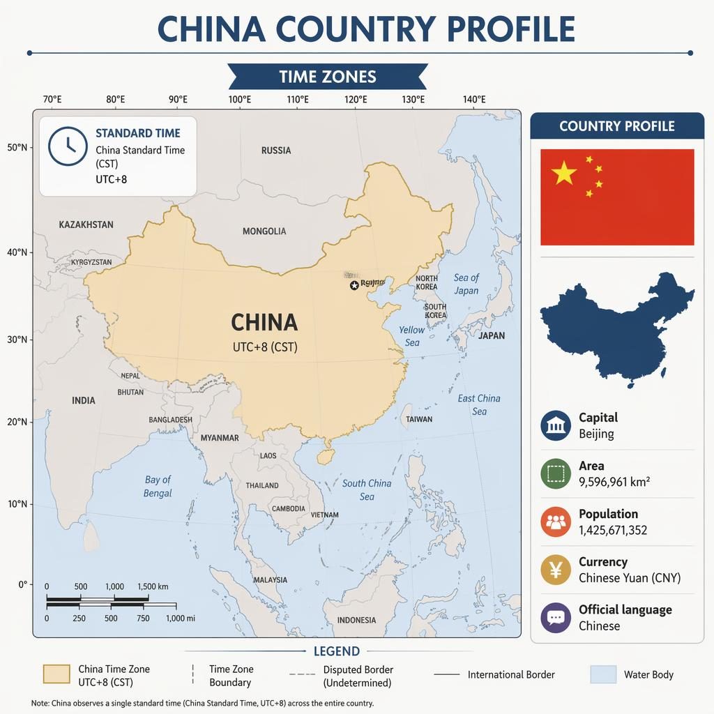 Atlas-style infographic of China time zones map with East Asia context, China flag, silhouette map, and country stats panel.