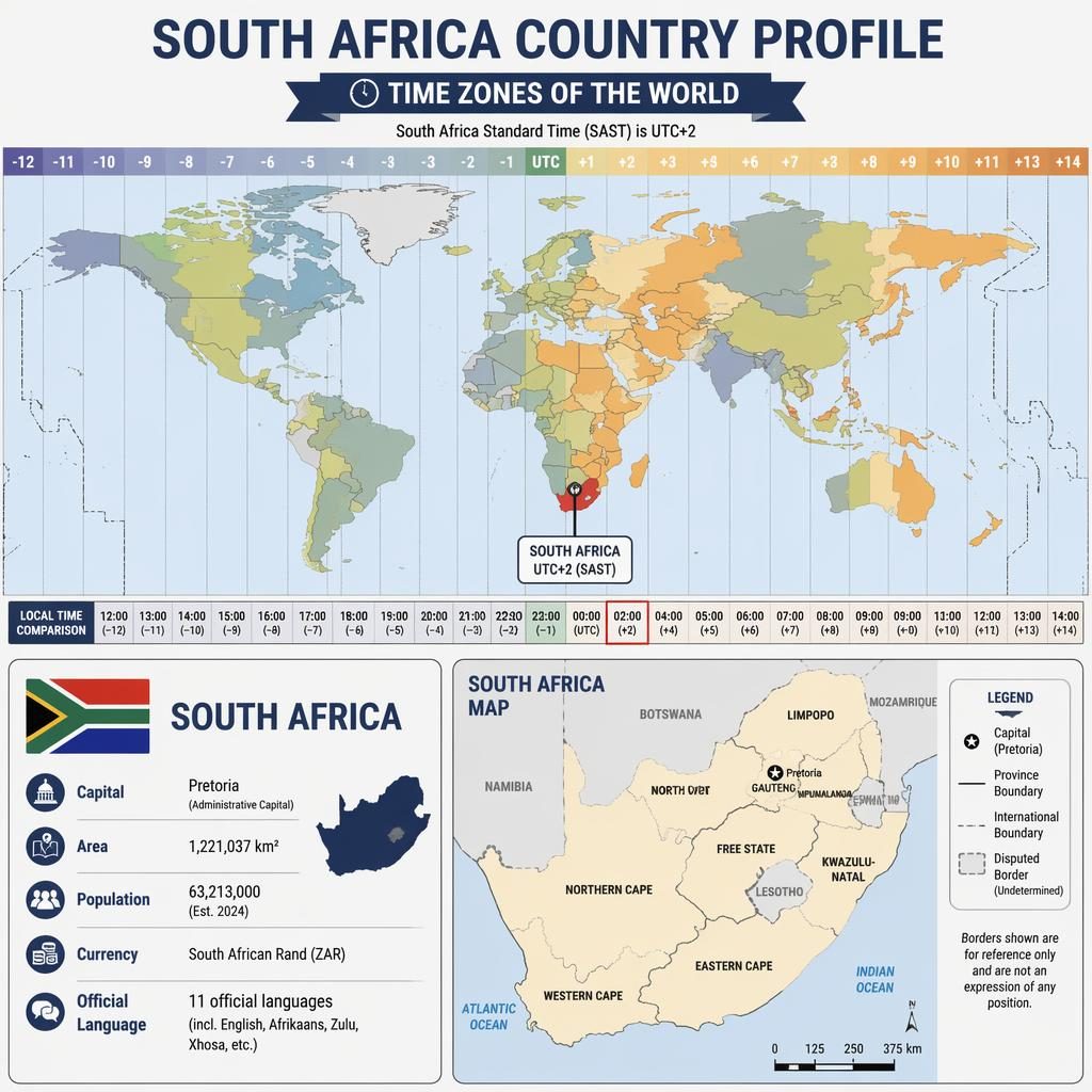 Atlas-style infographic with UTC world map, South Africa highlighted, inset country outline, flag, and country profile panel.