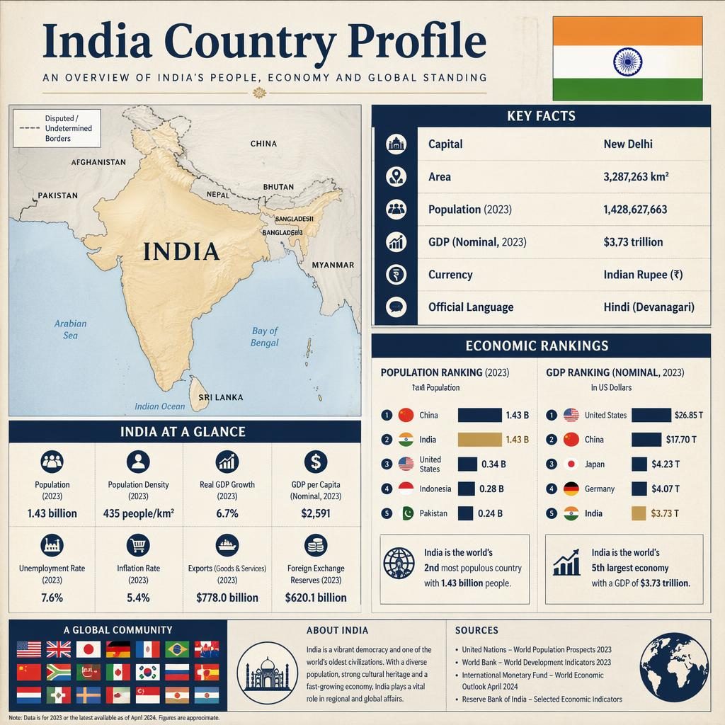 Atlas-style India country profile infographic with India map, flag, GDP and population ranking bar charts, and data panels.