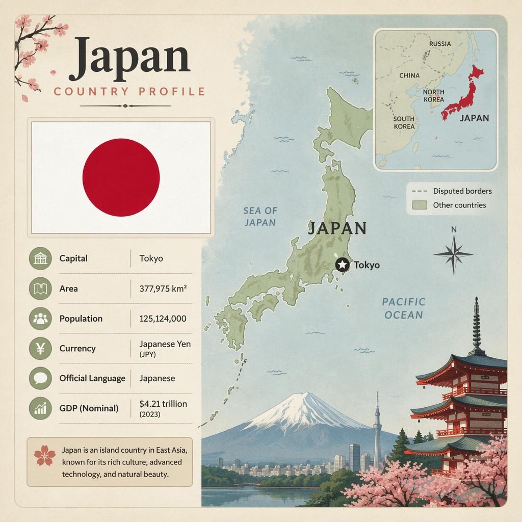 Atlasová infografika Japan Country Profile s vlajkou Japonska, mapou země, datovými panely a lokátorem ve východní Asii.