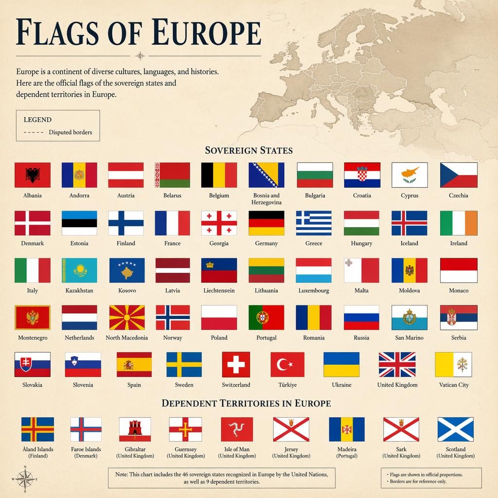 Atlas-style infographic poster showing a grid of European country flags with a subtle Europe map silhouette background.