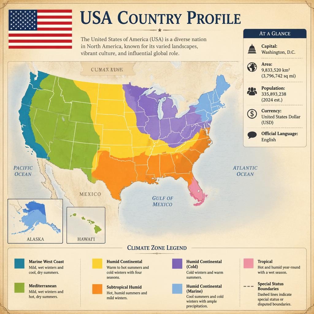 Atlas-style USA country profile infographic with climate zones map, accurate U.S. flag, legend, and key facts in English.