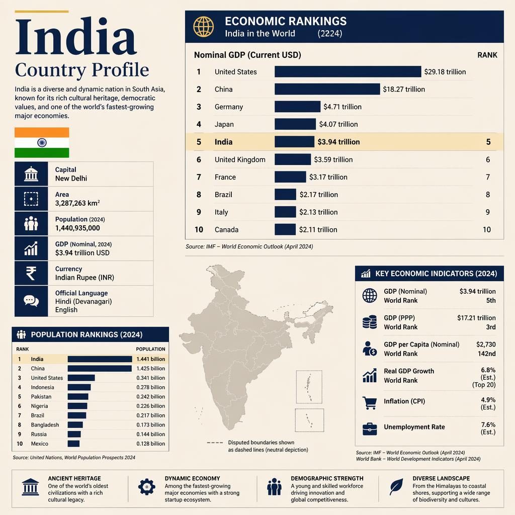 Editorial infographic of India country profile with bar charts, India map silhouette, cream and navy atlas design.