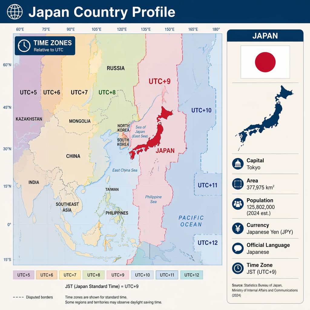 Atlasová infografika Japonska s mapou časových pásem JST UTC+9, panelem statistik, vlajkou a siluetou země.