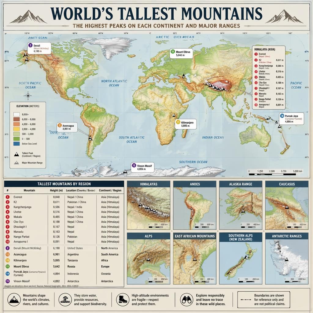 Atlas-style world map infographic showing tallest mountains by region with peak callouts, elevation chart, locator insets