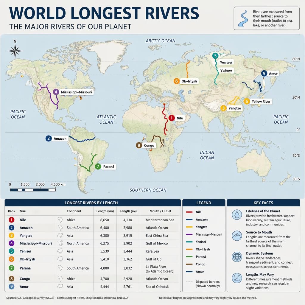 Atlas-style world map infographic highlighting the longest rivers with legend, labels, fact panels, and neutral dashed borders.