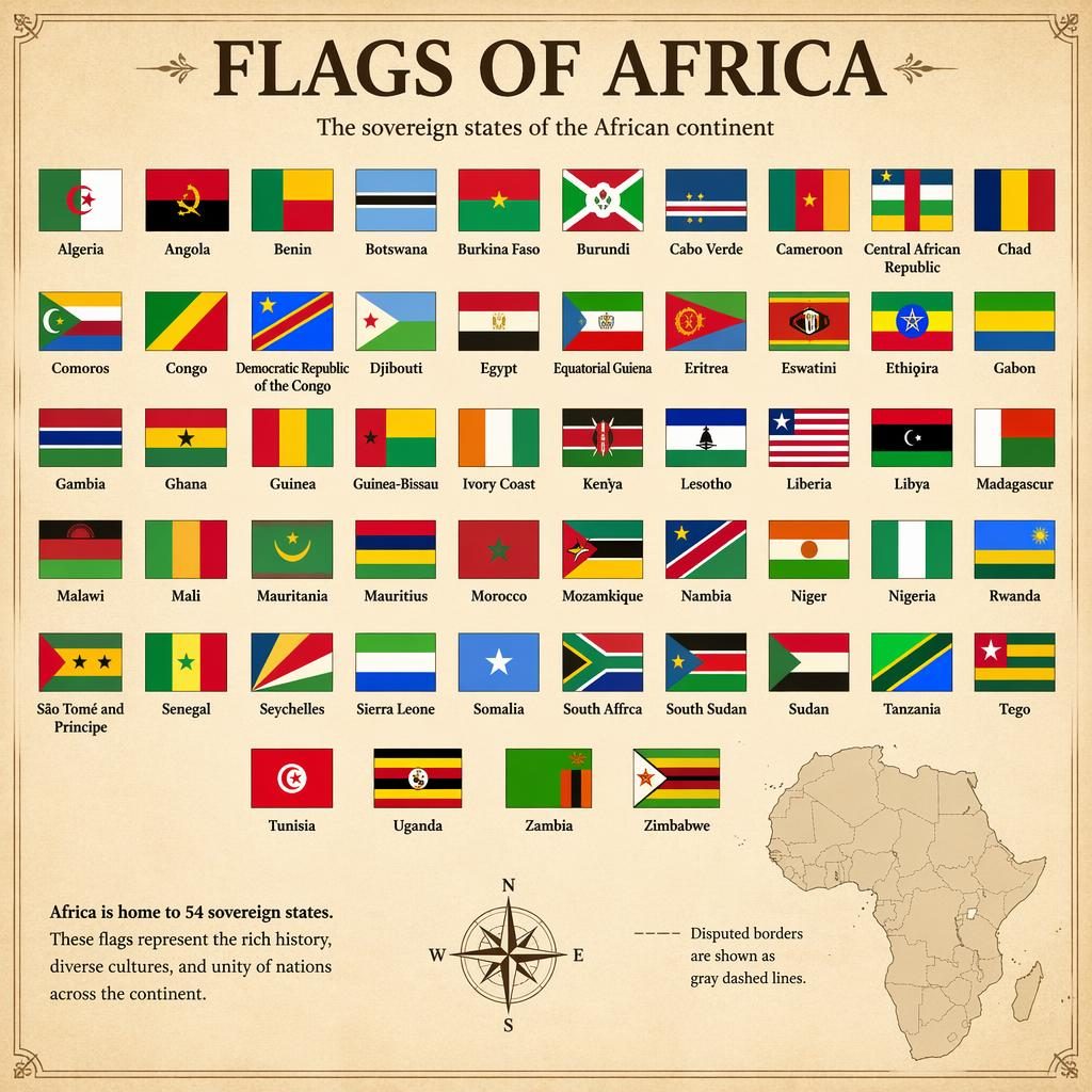 Atlas-style infographic with a parchment background showing a clean grid of African national flags and English country labels.