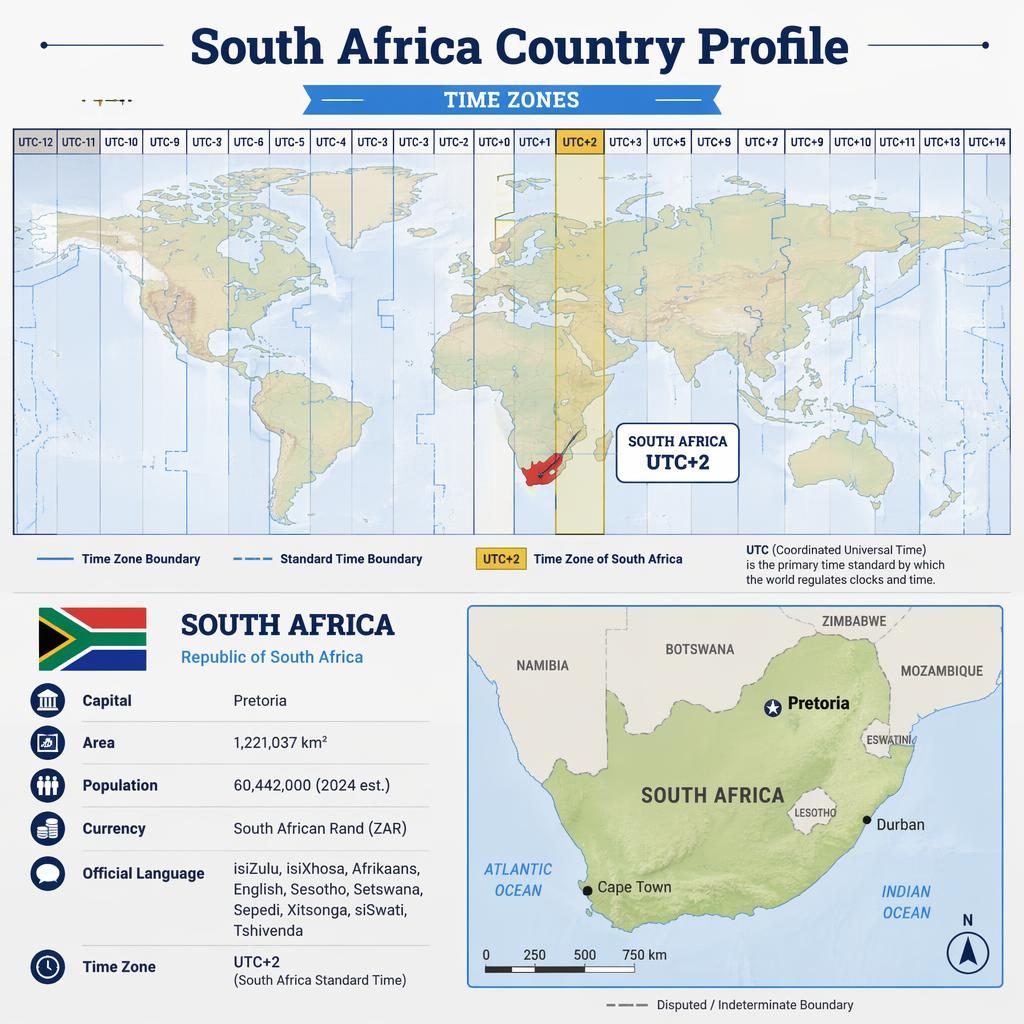 Atlas-style South Africa country profile infographic with UTC+2 world time zones map, inset silhouette, flag, and stats.