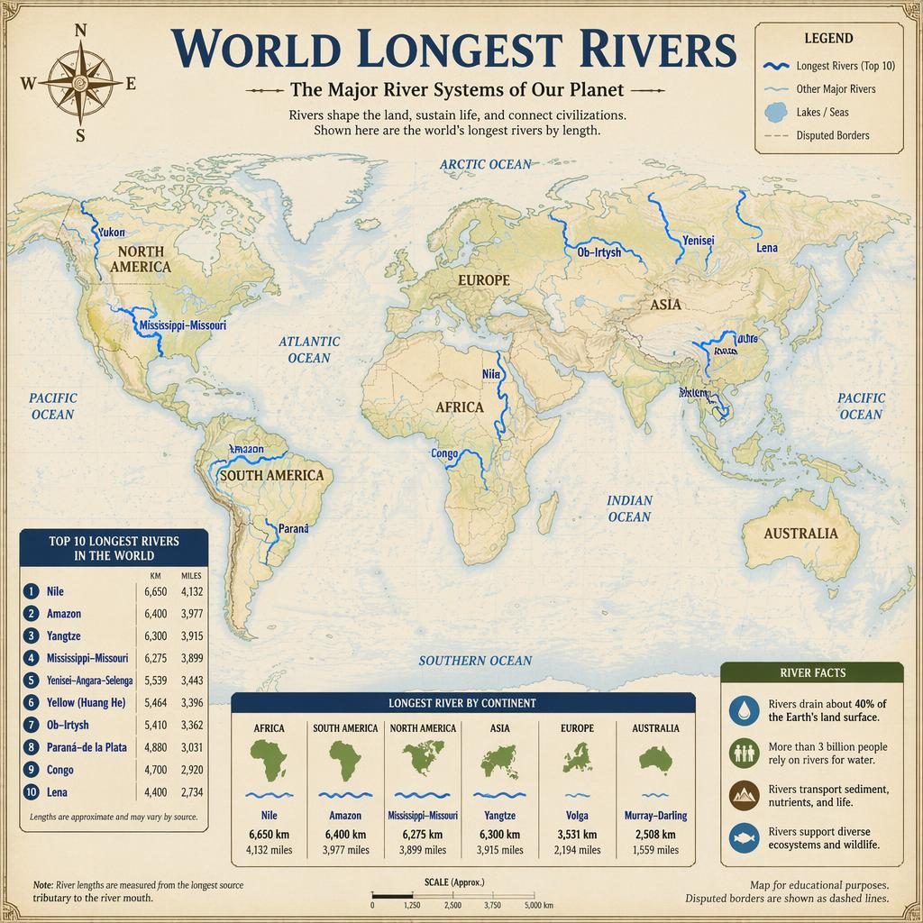 Atlas-style world map infographic showing the longest rivers with blue lines, labels, length metrics, legend, and ranking sidebar.