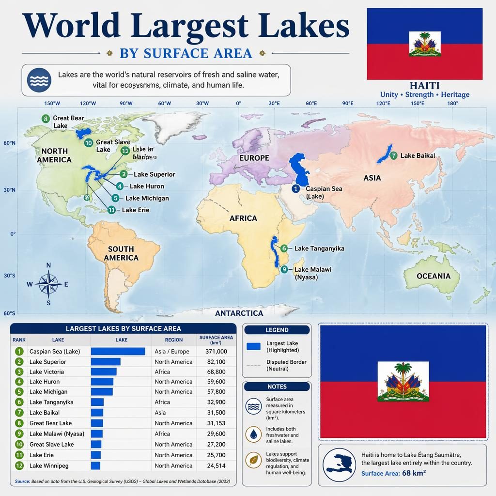 Atlas-style world map infographic of the largest lakes with ranked chart, pastel colors, and a big Haitian flag.