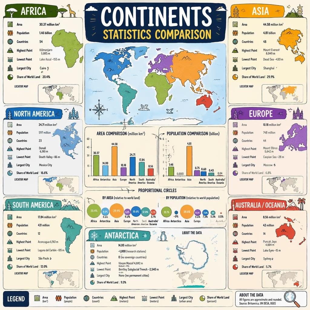 Educational world map infographic with continent panels, charts, icons, and comparative stats in a sketchnote atlas style.
