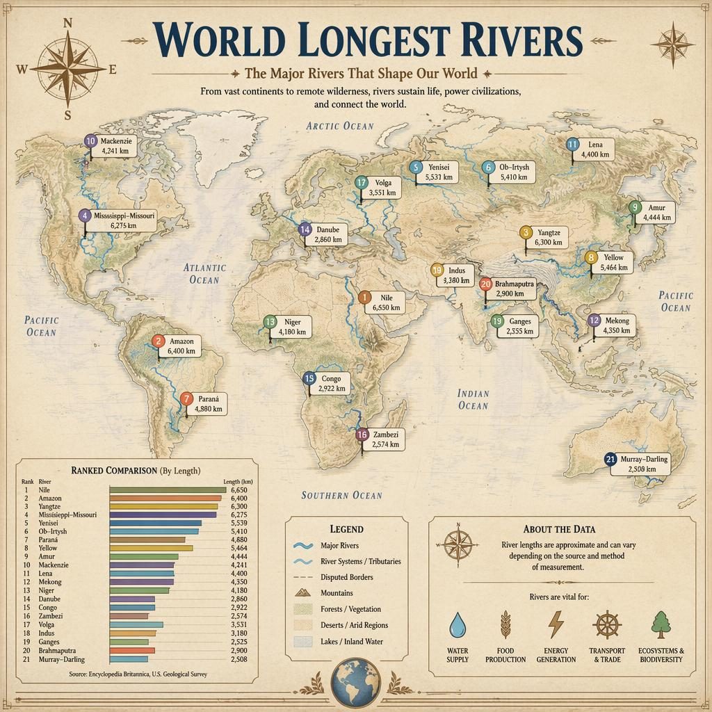 Atlas-style world map infographic highlighting the longest rivers with labels, lengths, legend, and ranked bar chart.