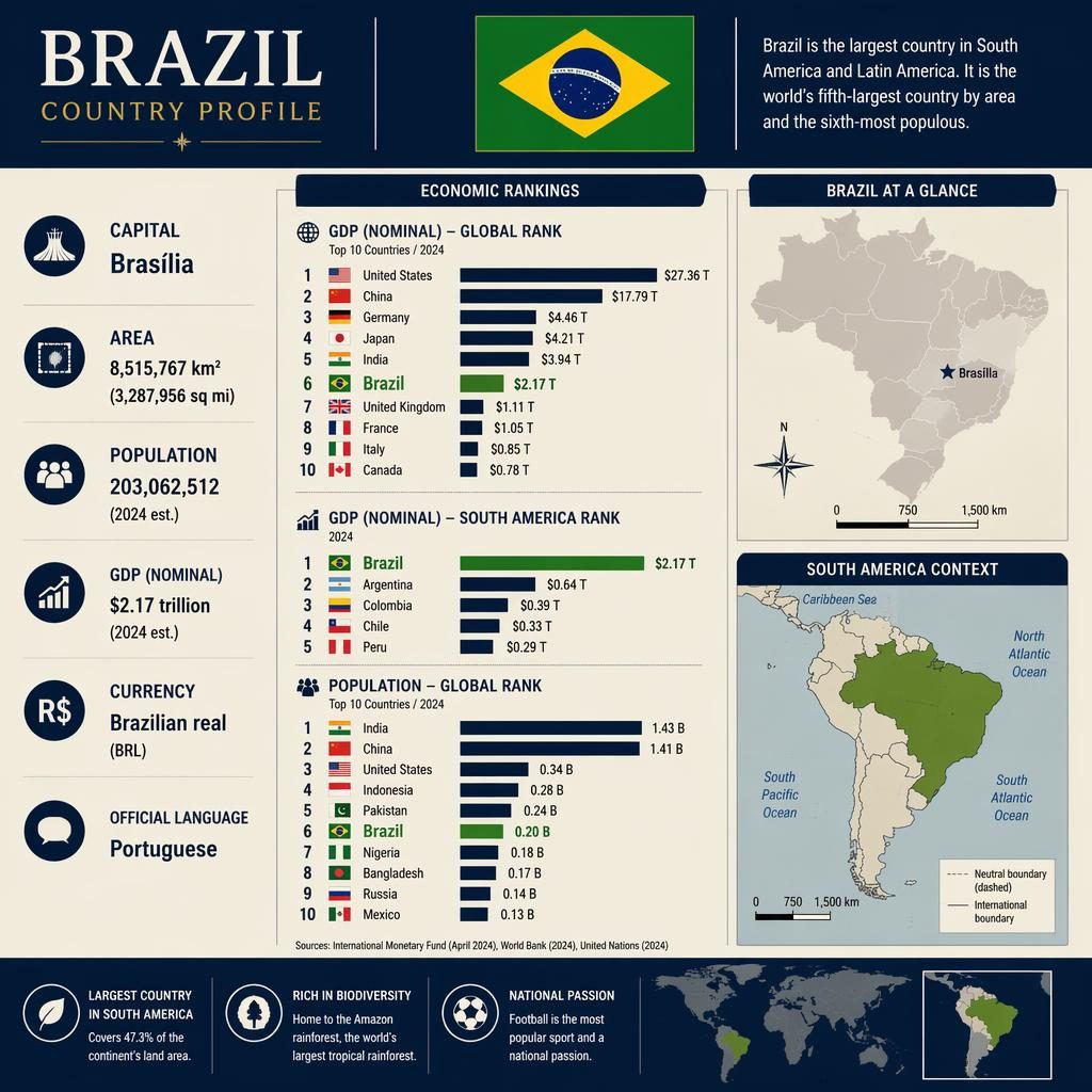 Editorial Brazil country profile infographic with bar charts, Brazil flag, map silhouette, and English economic stats.