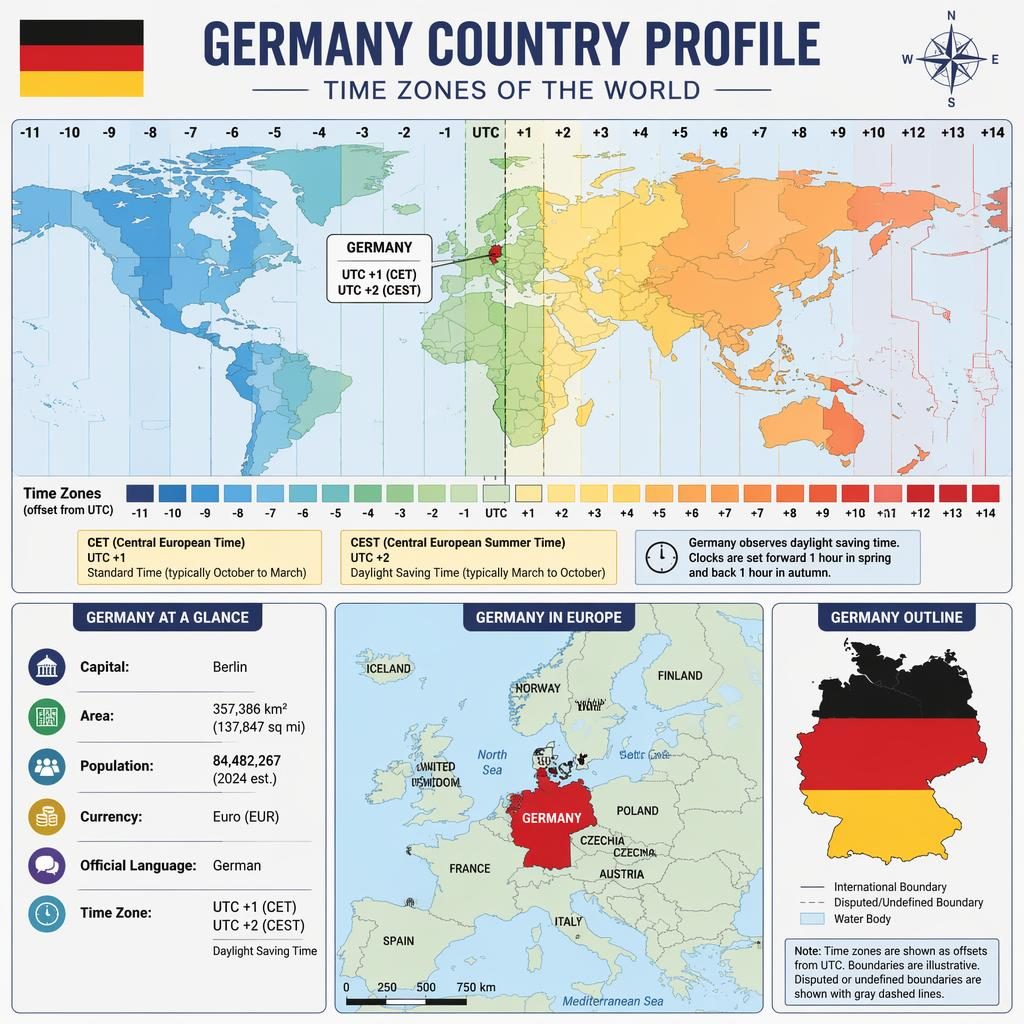 Atlasartige Weltkarte-Infografik mit Zeitzonen, Deutschland hervorgehoben, Europa-Inset, Flagge und Profildaten in Englisch.