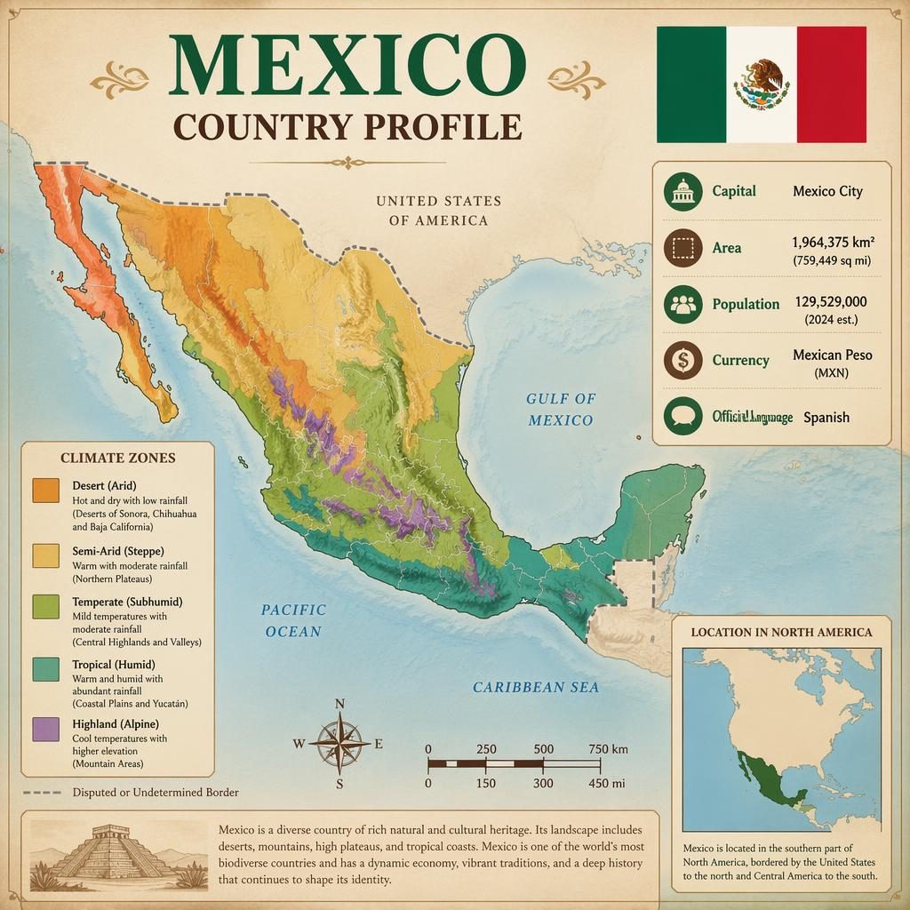 Educational atlas-style infographic of Mexico with climate zones map, flag, legend, locator inset, and country data panels.