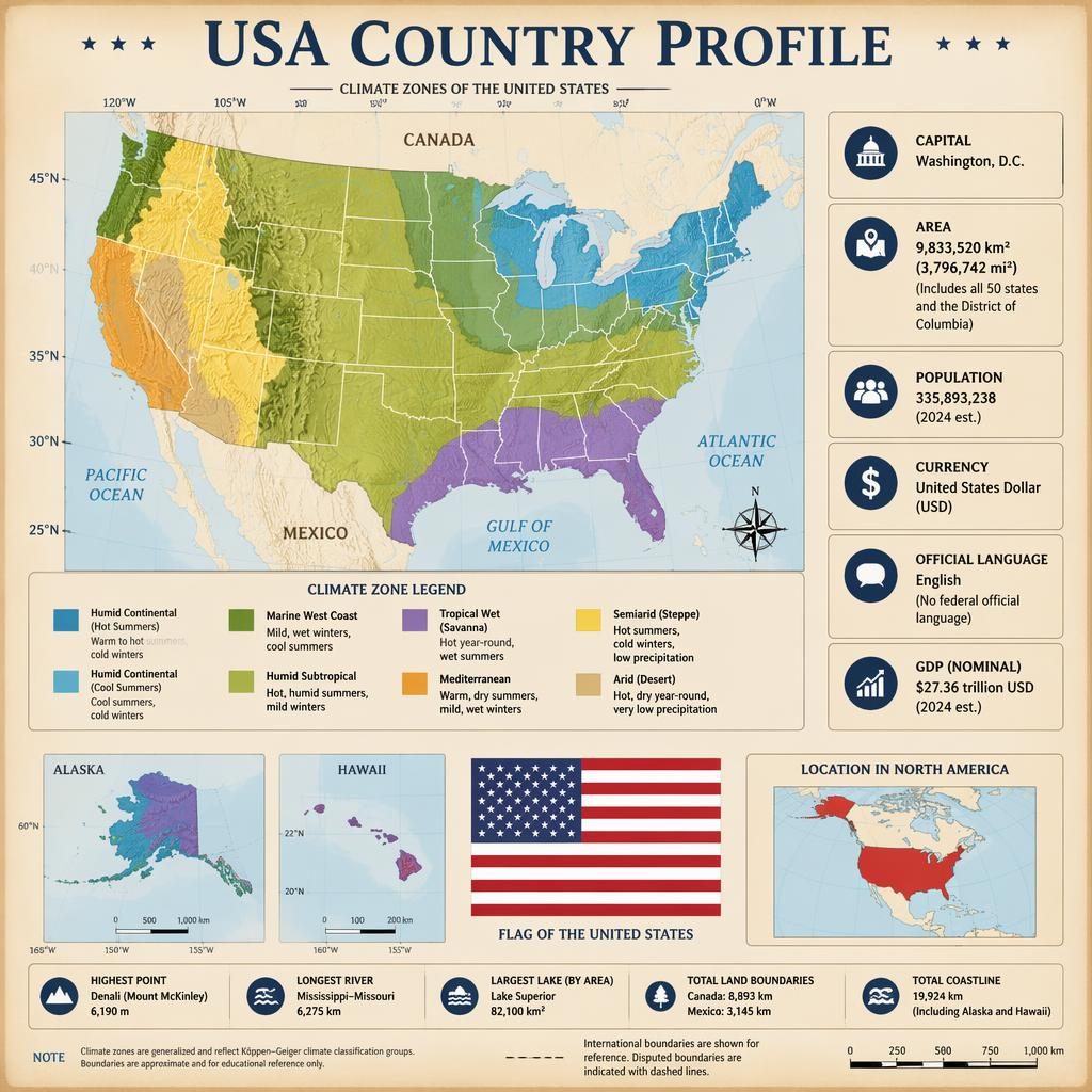 USA country profile infographic with climate zones map, Alaska and Hawaii insets, US flag, legend, and fact panels.