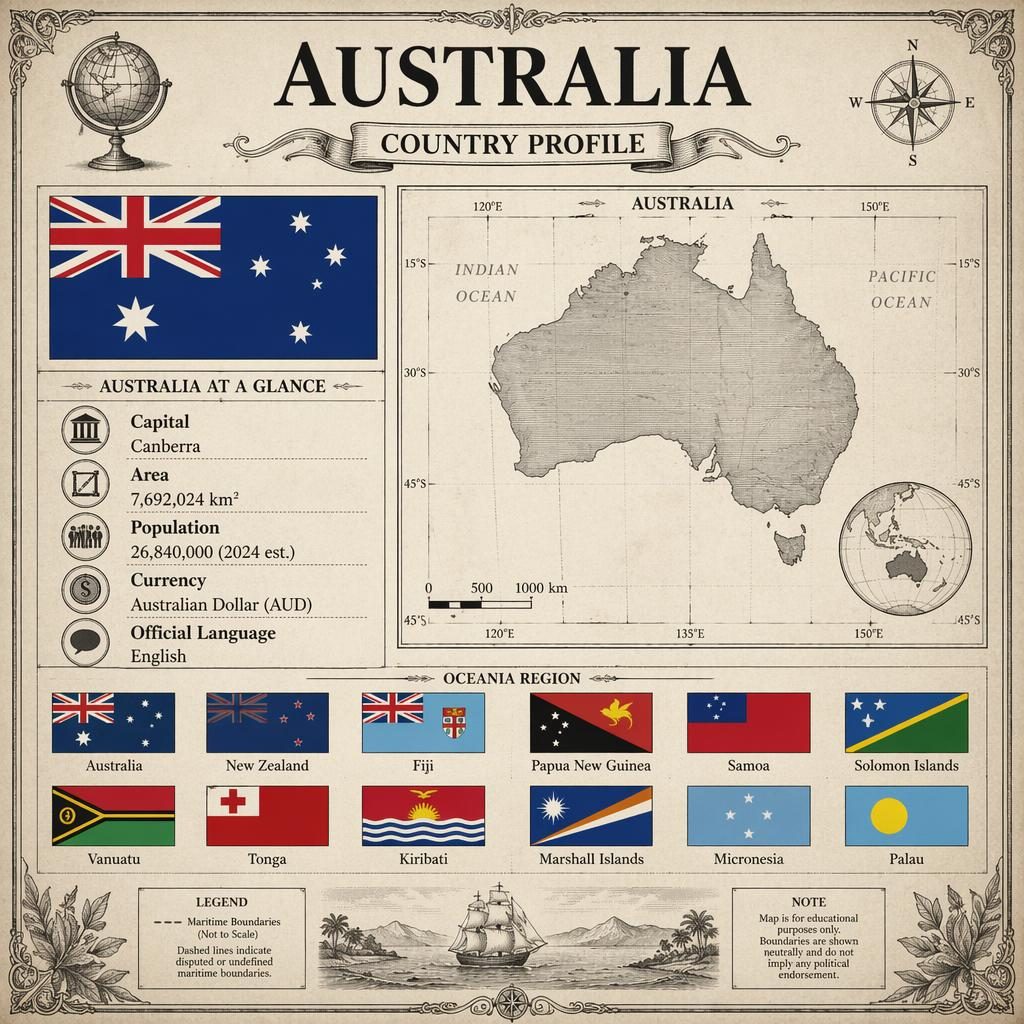 Vintage atlas-style Australia country profile infographic with Australia map silhouette, stats, and Oceania flags grid.