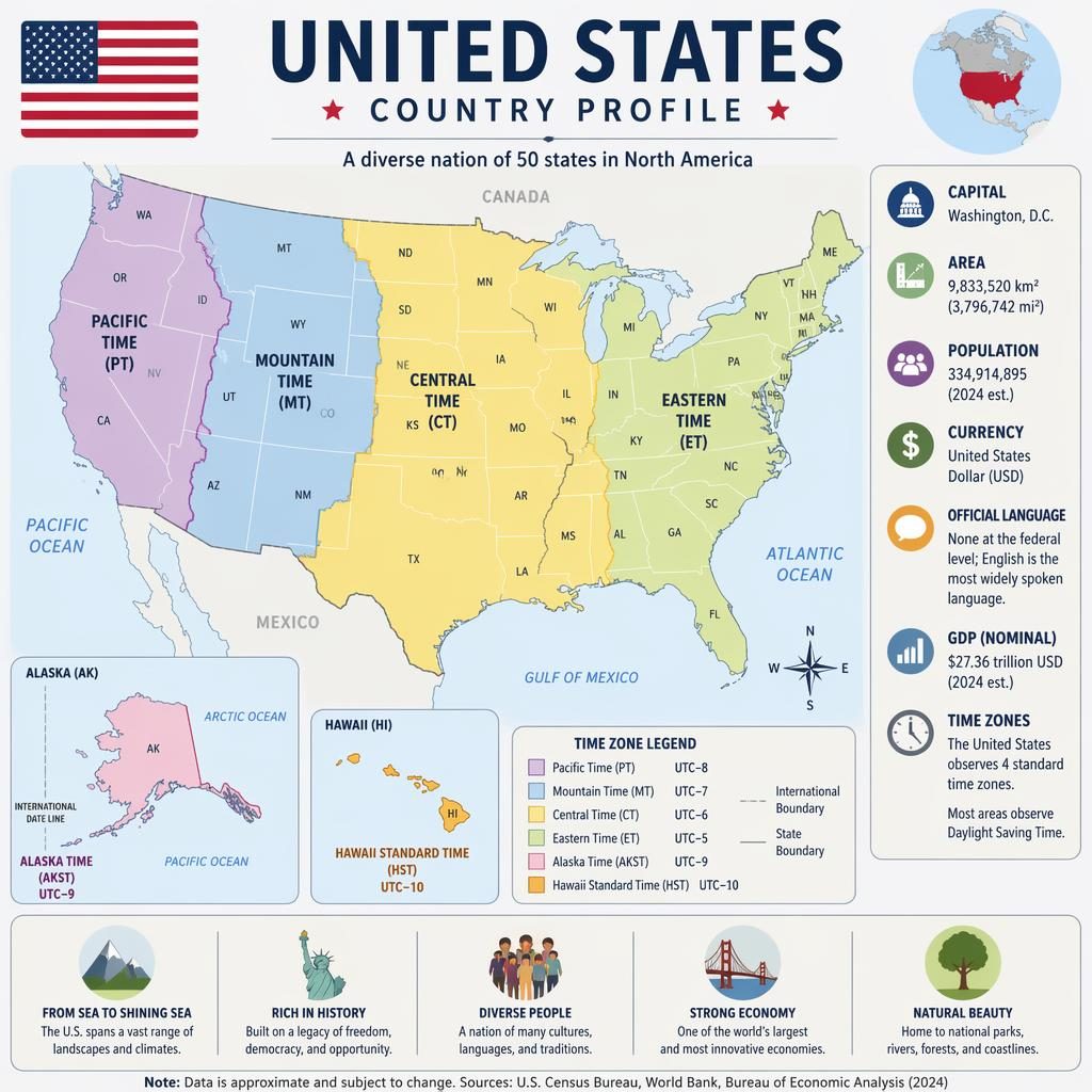 Educational USA infographic with pastel time zone map, Alaska and Hawaii insets, flag, legend, and country stats panels.