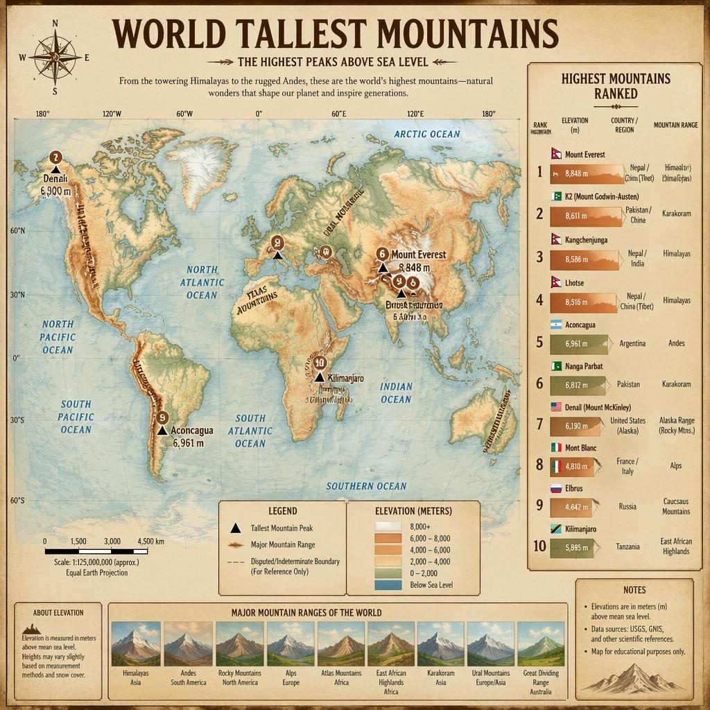 World map infographic of the tallest mountains with shaded relief, peak markers, ranking panel, legend, scale bar, and grid.
