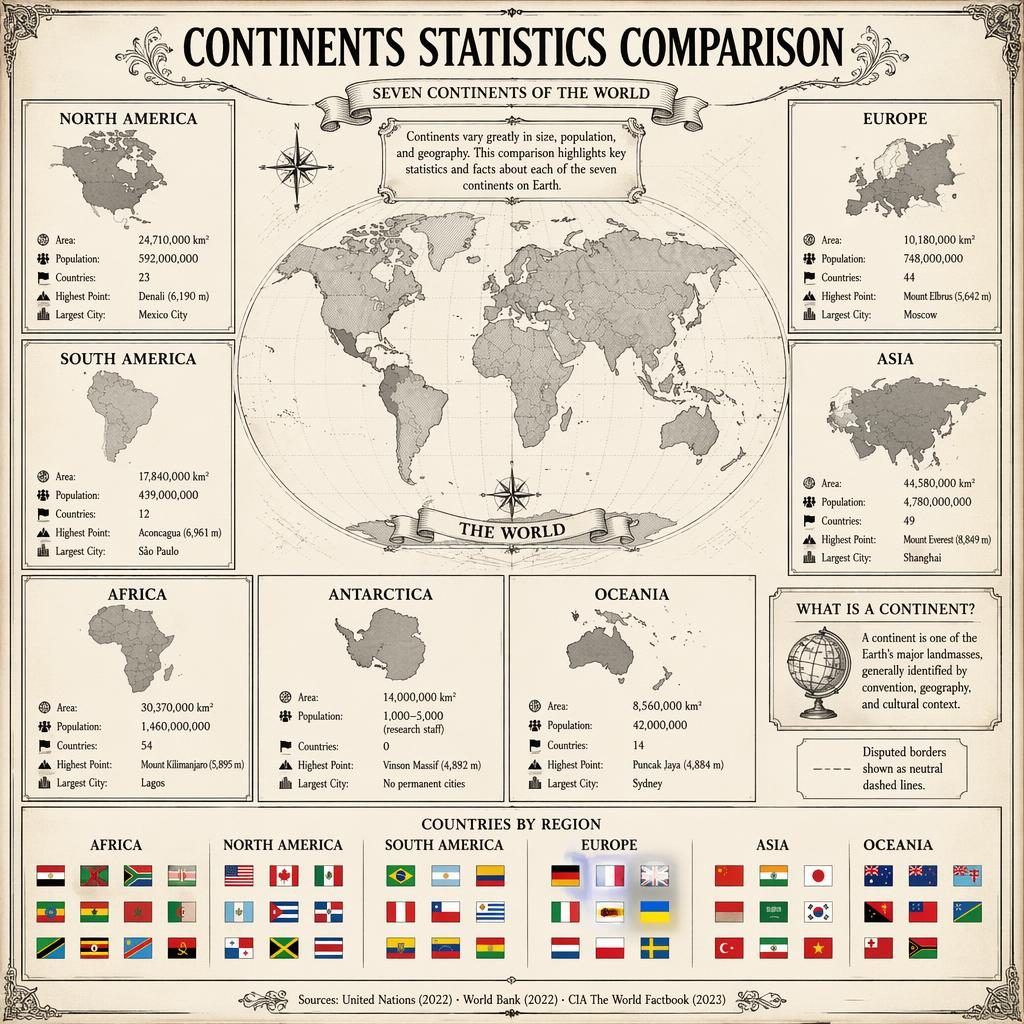 Vintage atlas-style continents comparison poster with central world map, regional stat panels, and a blue and yellow country flag