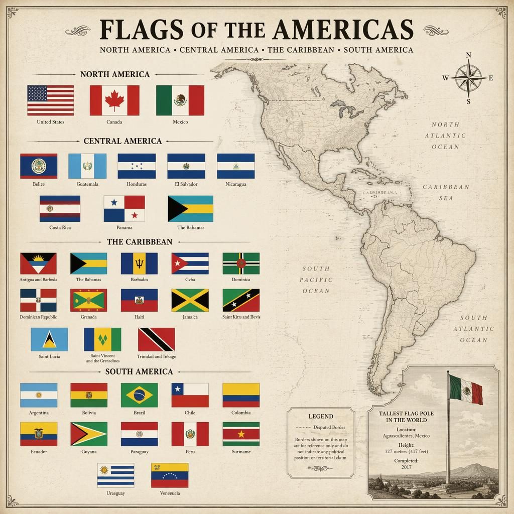 Vintage atlas-style poster showing a grid of Americas flags with English labels, antique map backdrop, and tall layout.