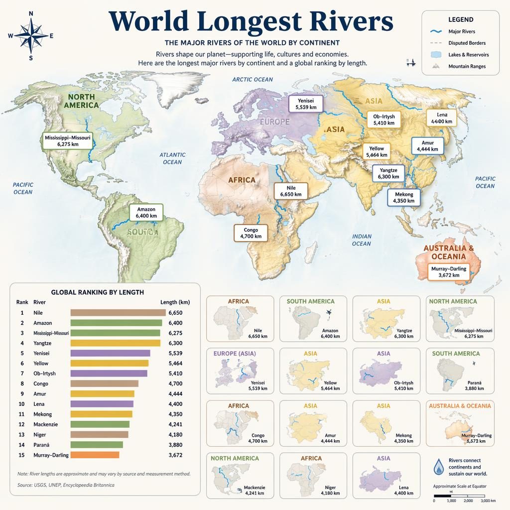 Atlas-style world map infographic of the longest rivers by continent with ranked bar chart, labels, legends, and locator maps.