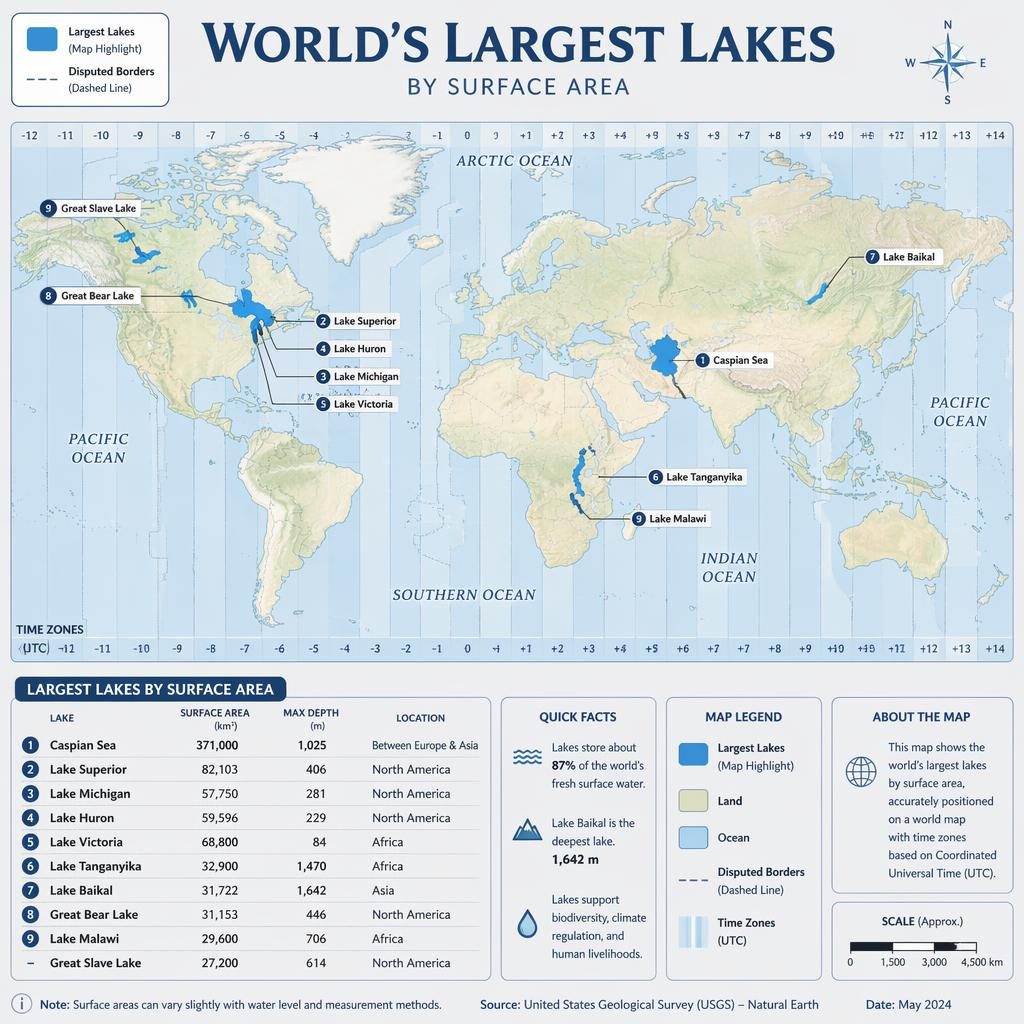 Atlas-style world map infographic with time zone bands and the largest lakes highlighted in contrasting blue.
