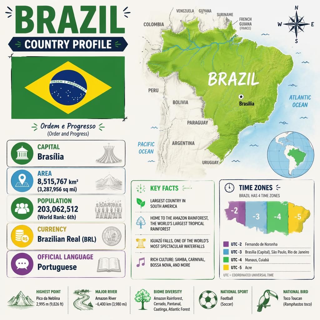 Atlas-style Brazil country profile card with flag, Brazil map, stats icons, and a small global time zone chart motif.