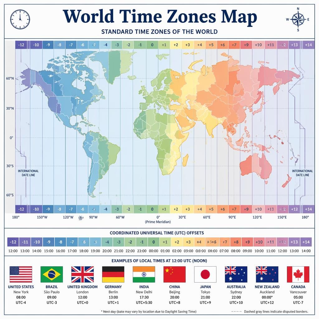 Atlas-style world time zones map infographic with UTC bands, legend, neutral dashed disputed borders, and 10 country flags
