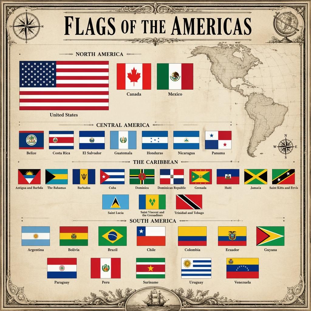 Vintage atlas-style infographic of Americas flags grid with the largest American flag, aged paper texture, border frame, and locator map.