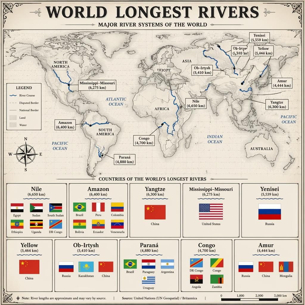 Vintage-style world map infographic of the longest rivers with grouped country flags, river labels, and engraved atlas texture.