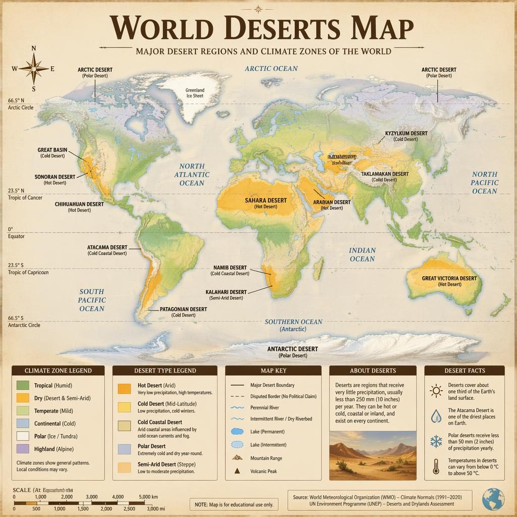 Atlas-style world map infographic highlighting major desert regions with climate-zone colors, legend, and parchment background.