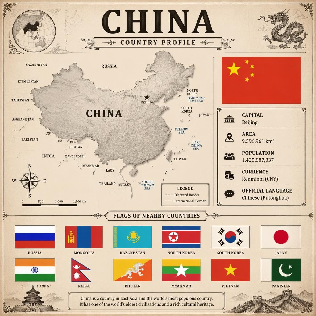 Vintage atlas-style China country profile infographic with China map, national flag, English stats, and regional flags grid.