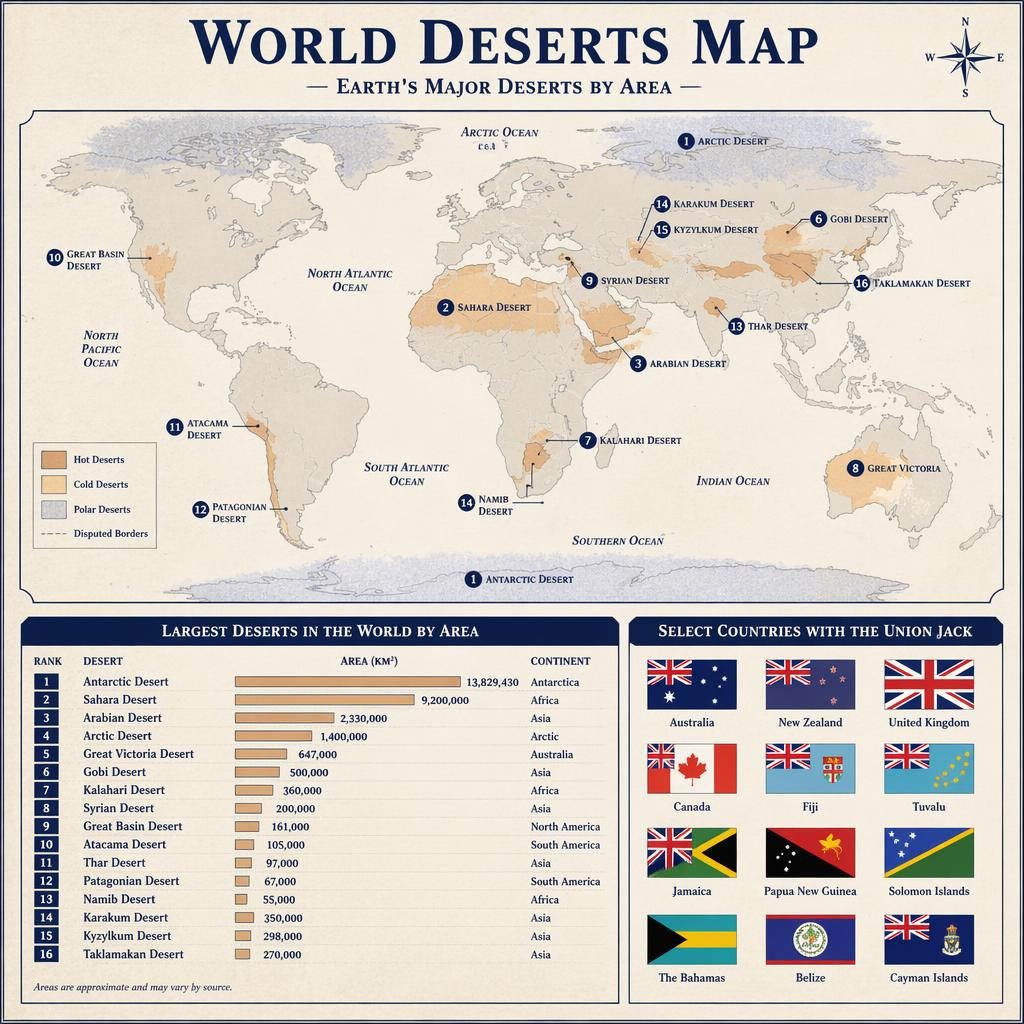 Atlas-style world deserts map infographic with ranking bars and a panel of countries flags with Union Jack on them.