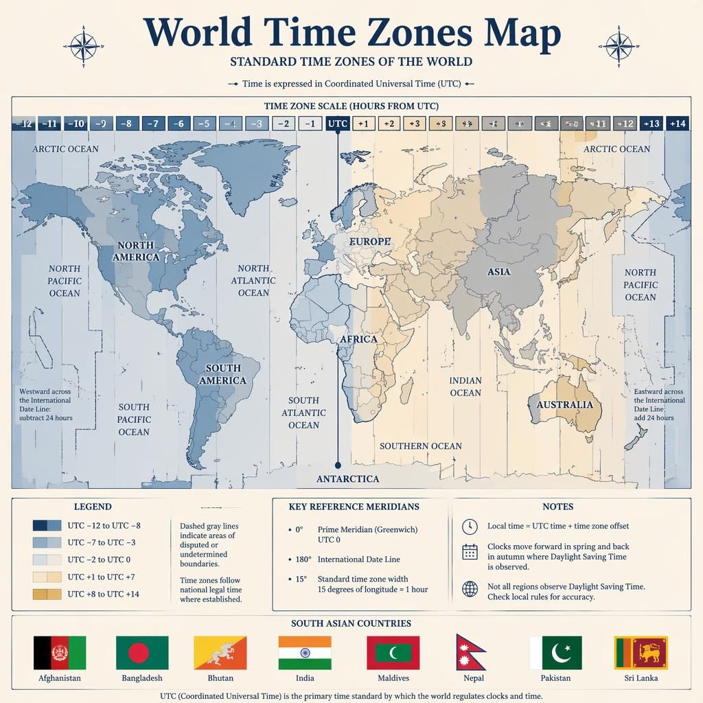 Educational world time zones map in navy and cream with UTC bands, legend, English labels, and South Asian flags grid.