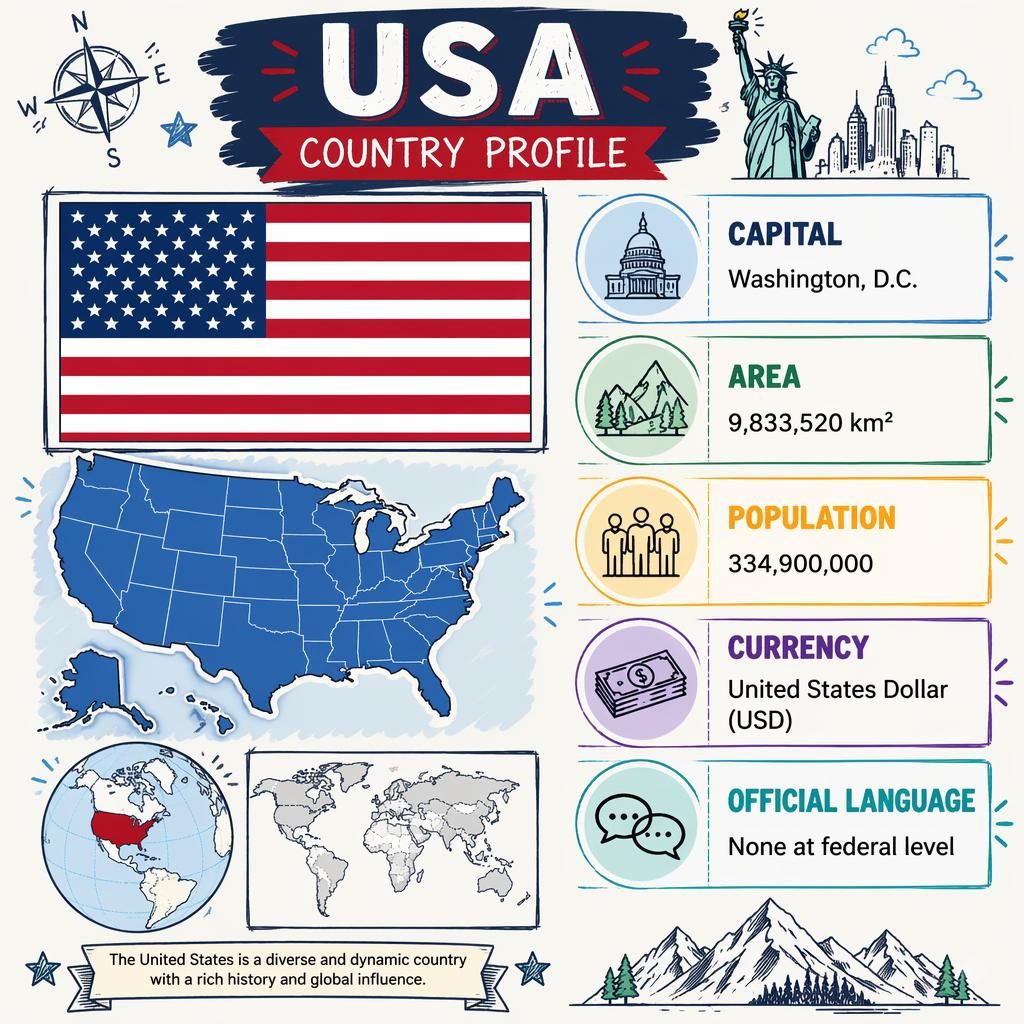 Infographie éducative style sketchnote sur les États-Unis avec drapeau USA, silhouette de carte et panneaux de statistiques.