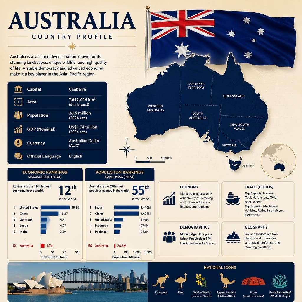 Australia country profile infographic with map silhouette, Australian flag, GDP and population ranking bars, and key stats.
