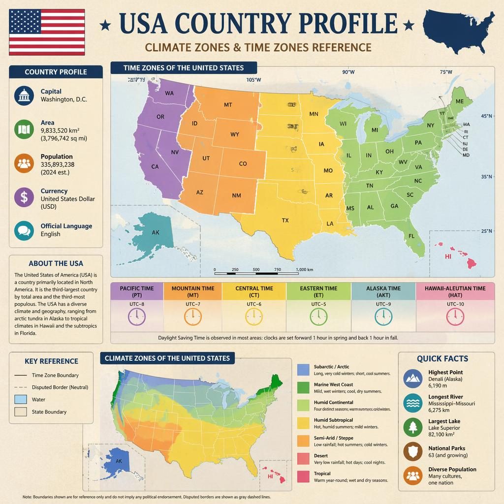 Atlas-style USA country profile poster with a time zone map, climate zones overlay, flag, stats panels, and Alaska Hawaii insets.