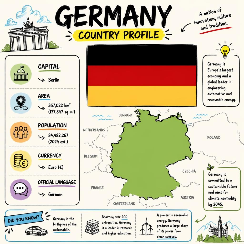 Atlasová infografika Germany Country Profile s vlajkou Německa, mapou státu a panelem statistik v angličtině.