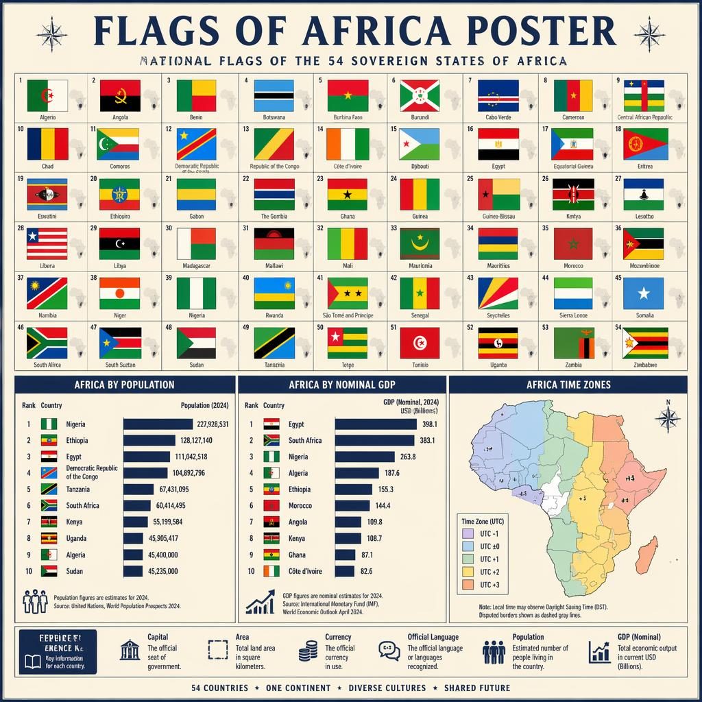 Atlas-style Africa poster with a grid of national flags, bar charts for population and GDP, and a small time-zone inset map.